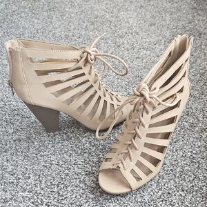Call It Spring Beige Lace-Up Cutout Heeled Sandals